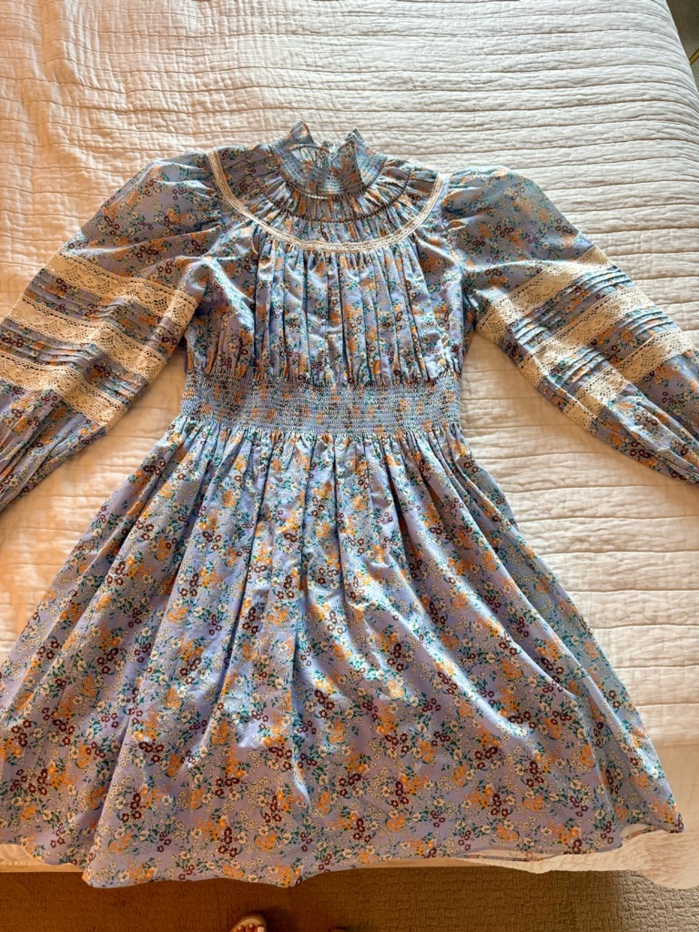 HUNTER BELL Ryan Dress Ditsy Blue Floral, High Neck Smocked - Picture 6 of 7